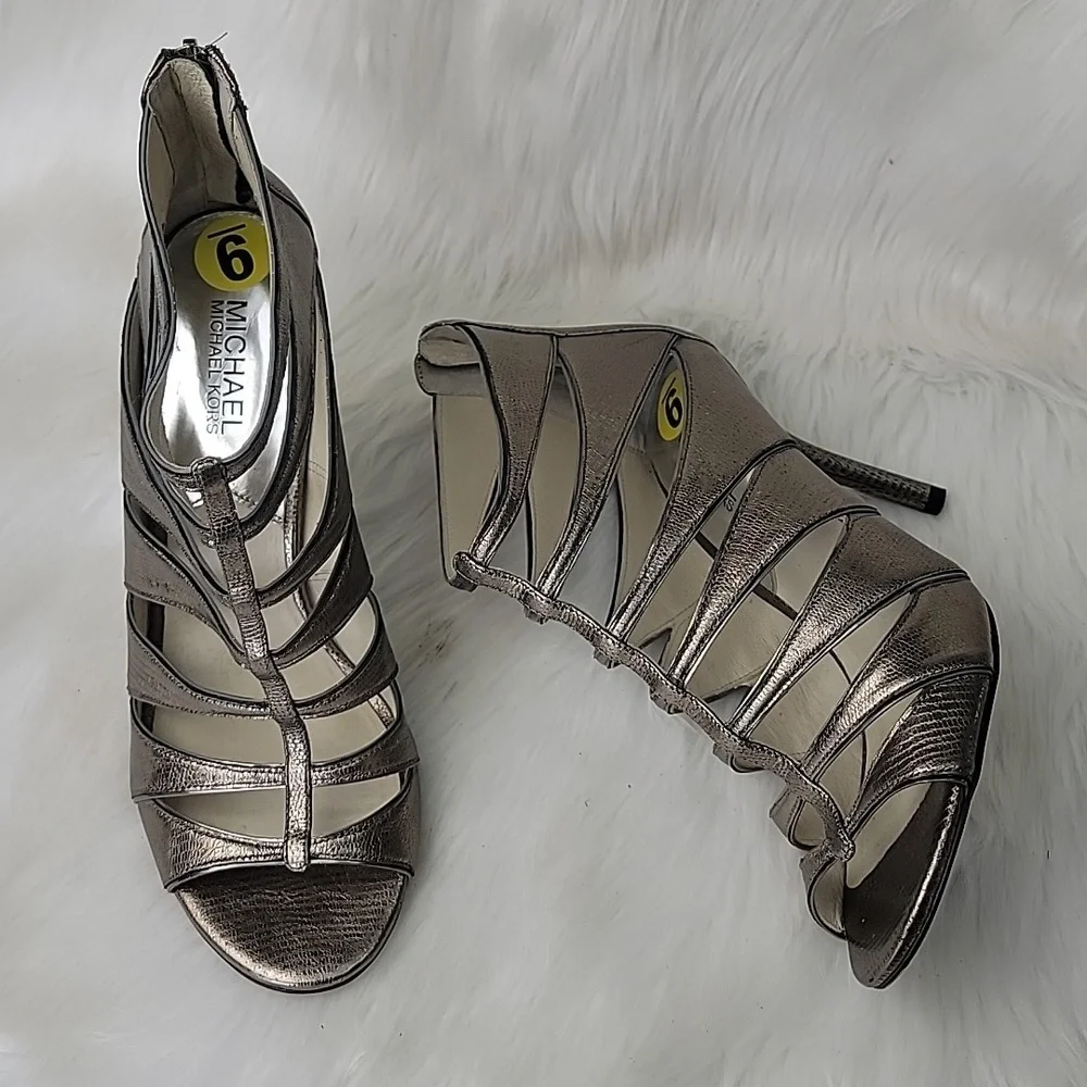 MICHAEL KORS Silver‎ Gold Metallic Party Embossed Open Toe Formal Prom Zip Heels